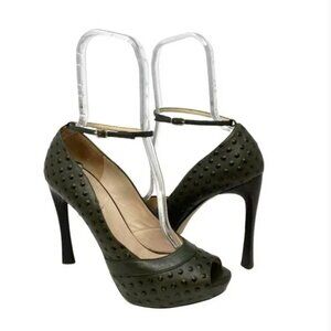 Escada Ostrich Embossed Sage Leather Peep Toe Pumps Size 11